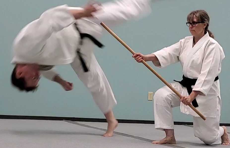 A black belt in Aikido throws another black belt using a jo staff